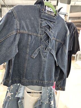 Dark Blue Lace-Up Back Women's Denim Jacket